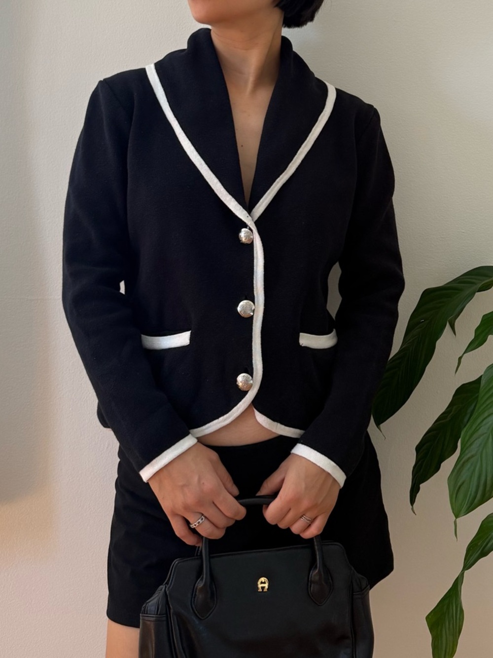 Chaps 100% Cotton Shawl Collar Button Front Black Cardigan White Trim Size S